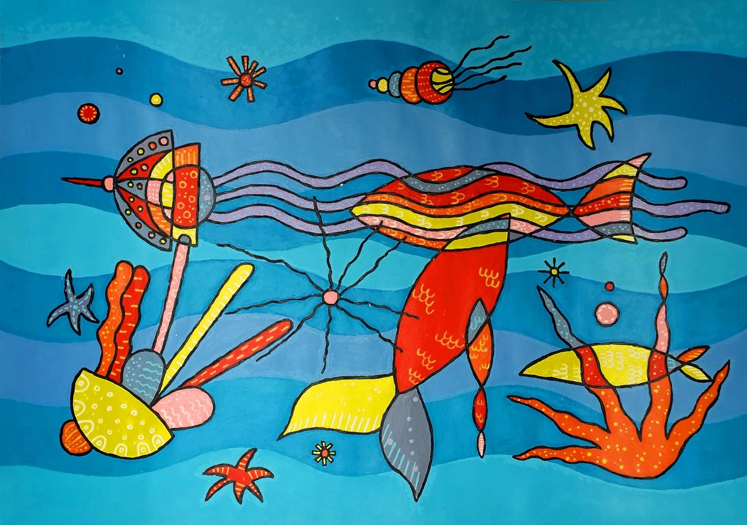 Underwater landscape with fantastic creatures, stars and organic forms on a light blue ground