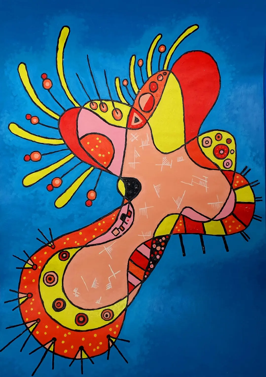 Organic form in coral, yellow and red on an intense blue ground