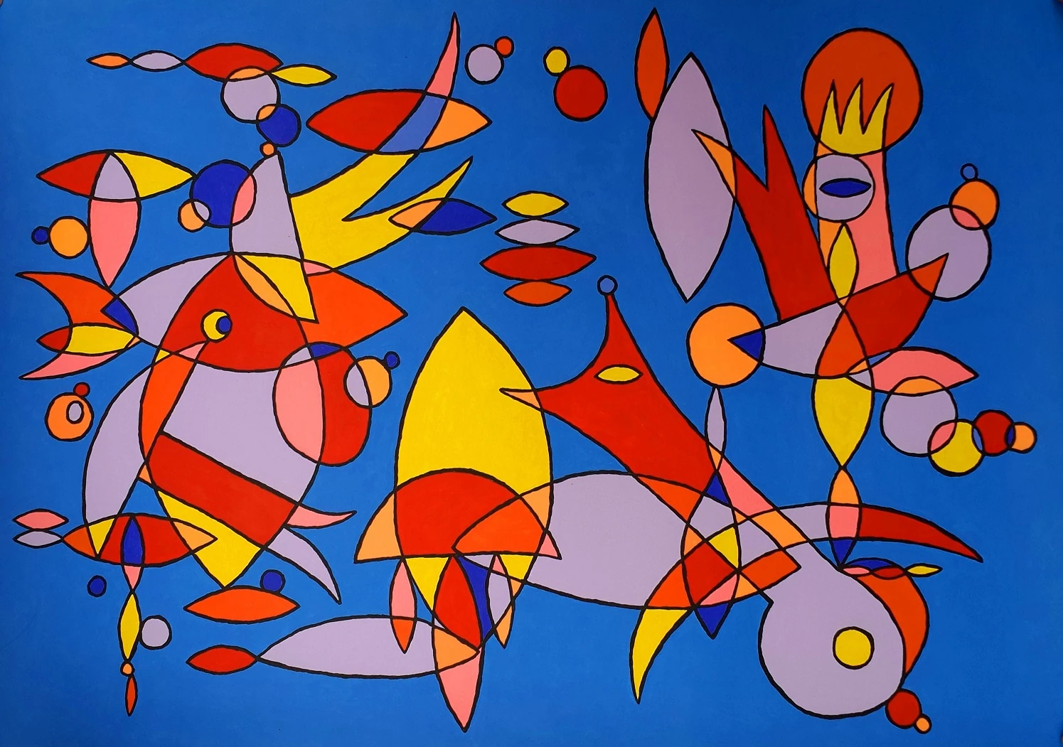 Shoal of fish and abstract red, yellow and violet forms on an intense blue ground