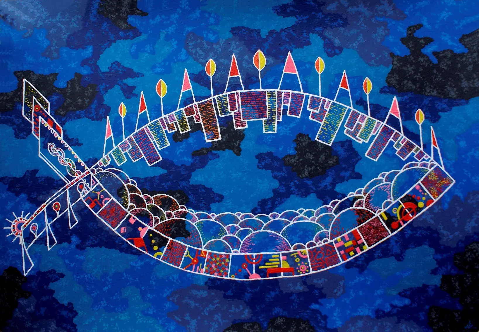 Luminous city-like structure suspended over a blue ground