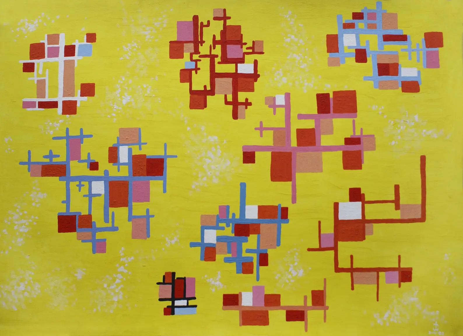 Geometric urban forms in red and blue over a yellow ground