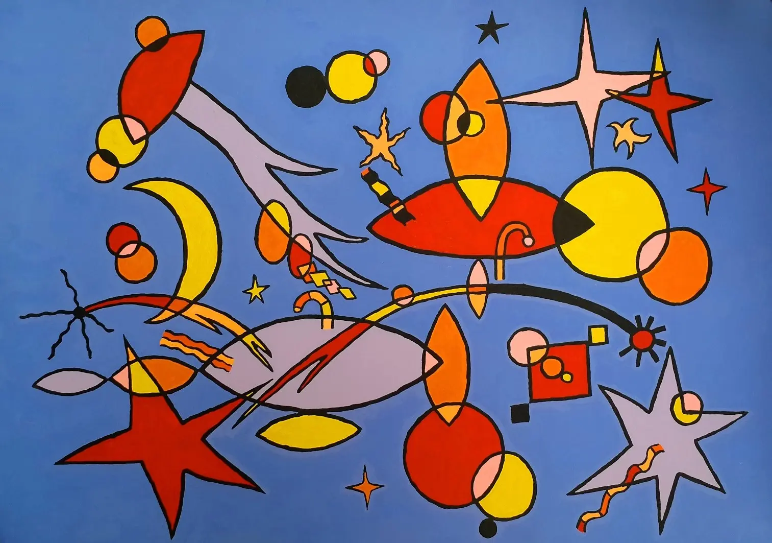 Playful composition of abstract creatures on a light blue ground