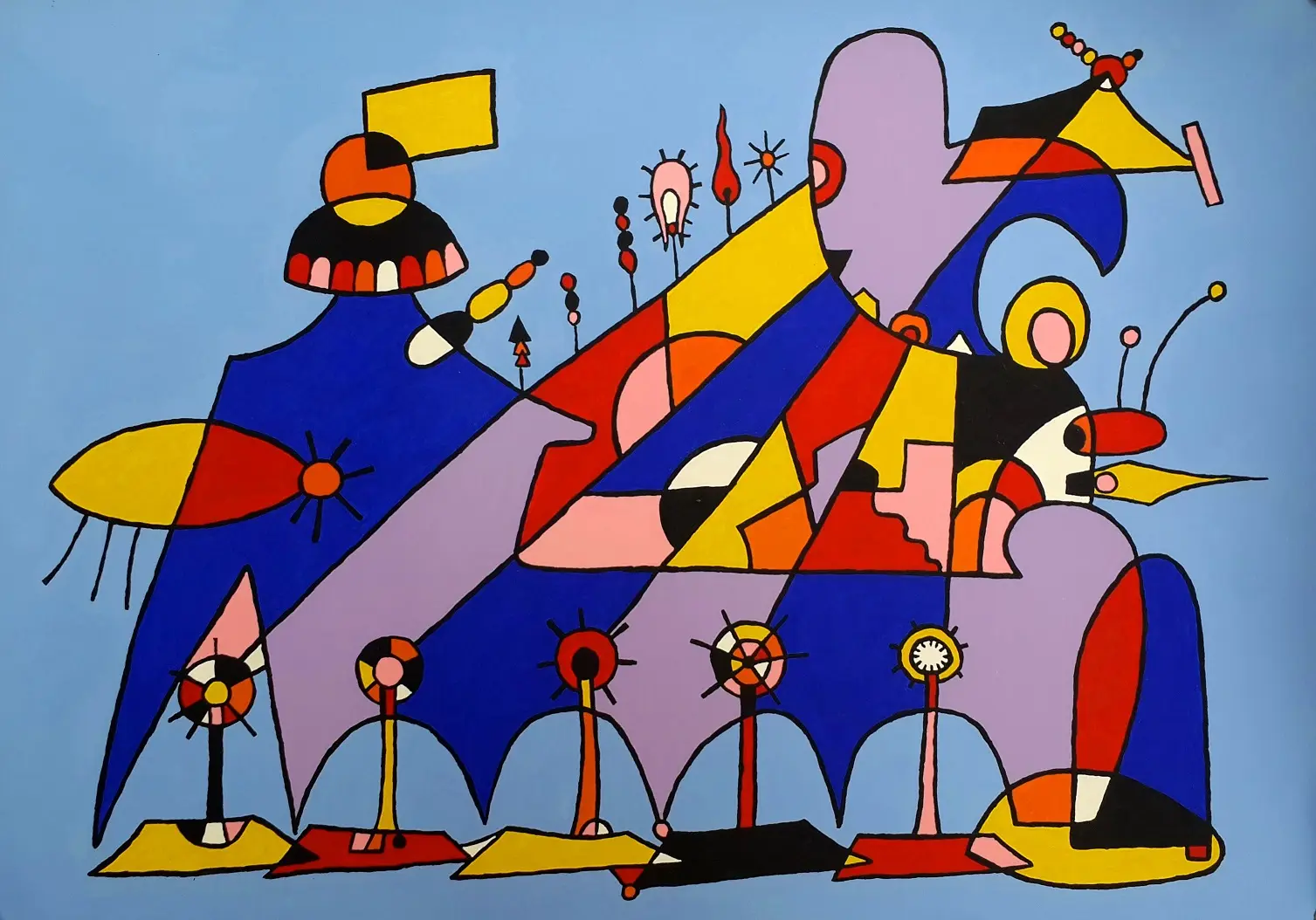 Abstract characters and circus figures in blue, red and yellow