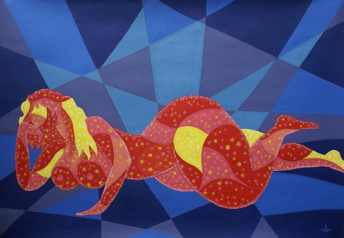 Red and yellow reclining figure over a geometric blue ground