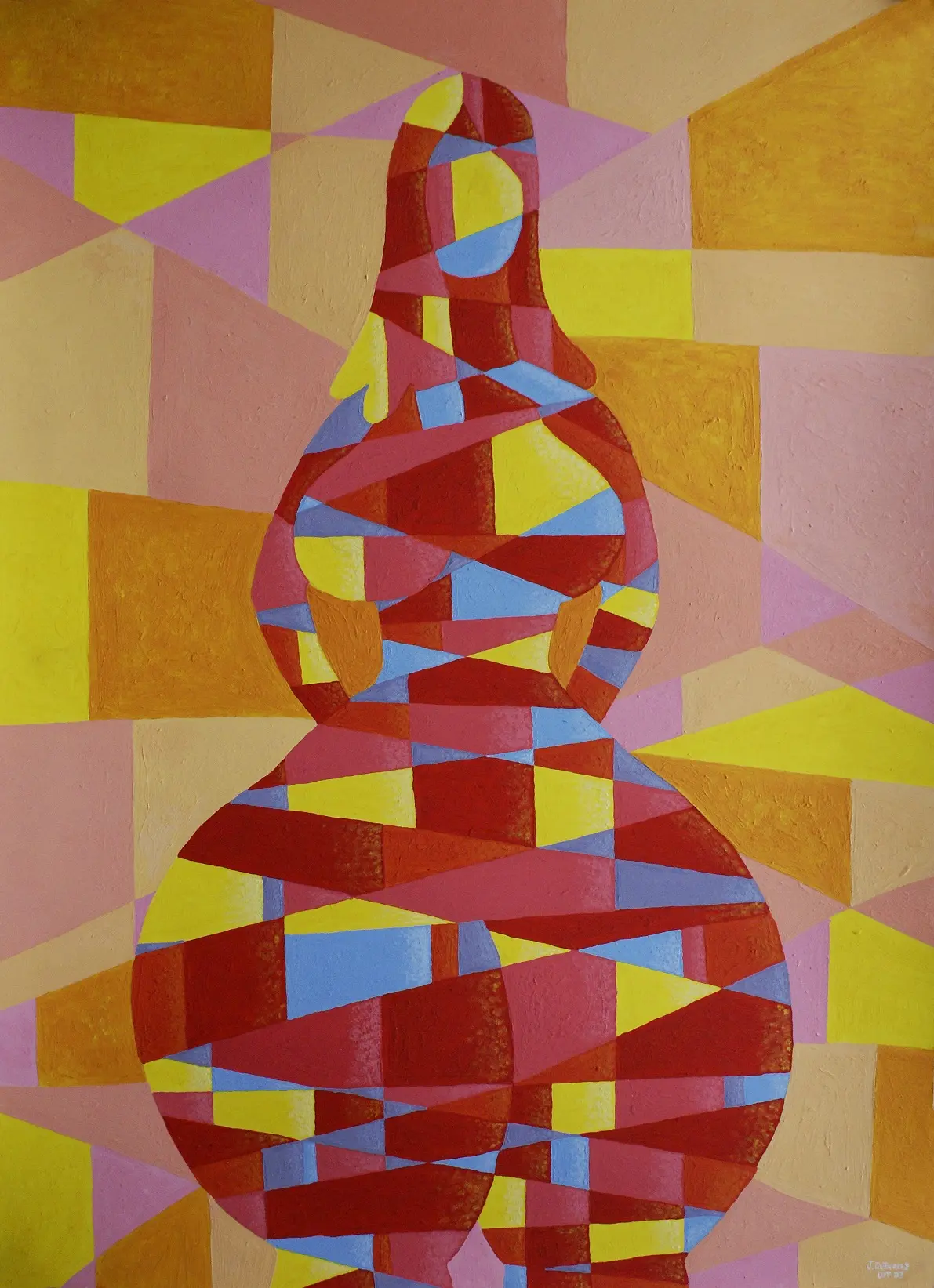 Vertical geometric silhouette in earth tones, red and blue