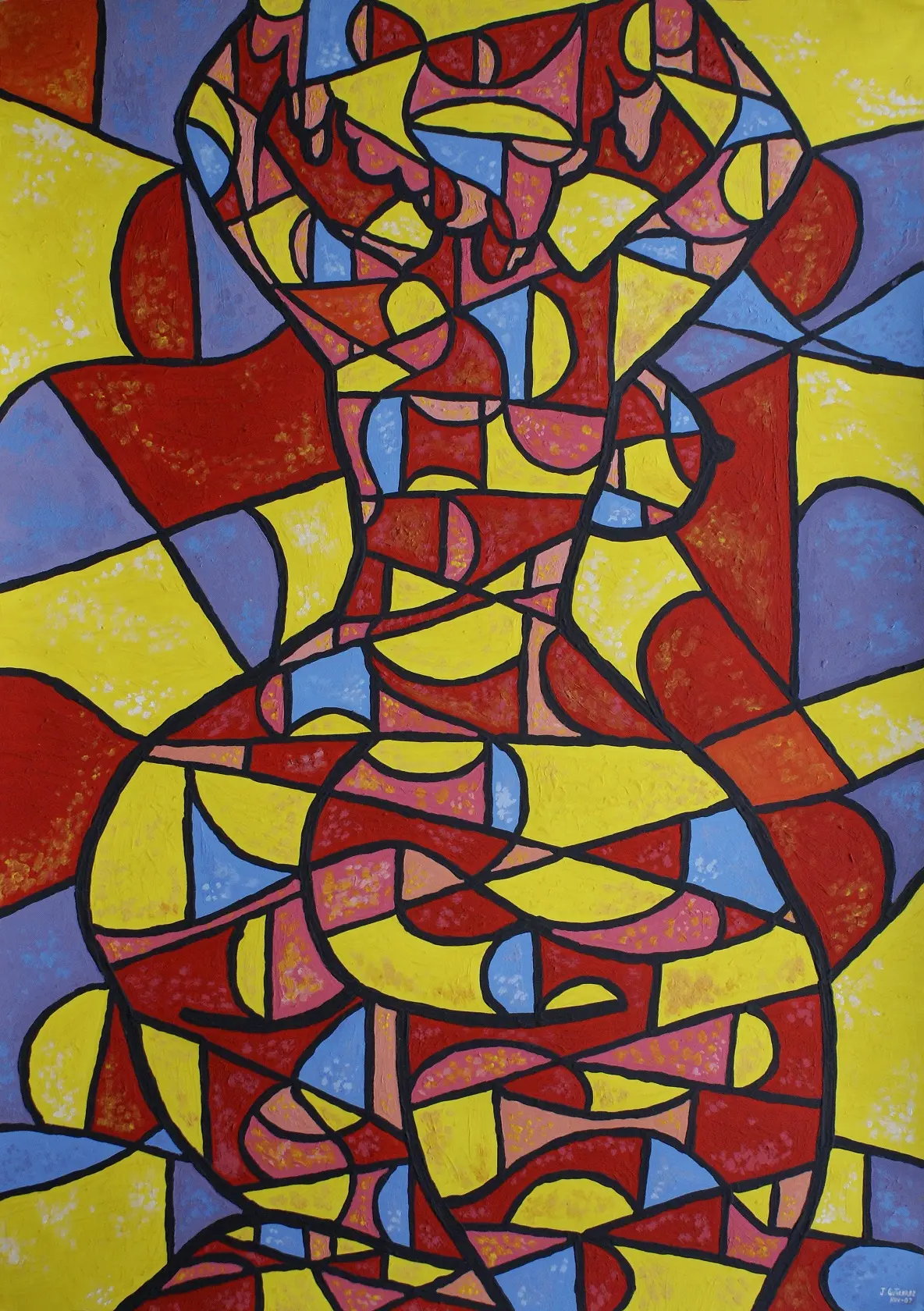 Abstract figure built like stained glass in red, yellow and blue