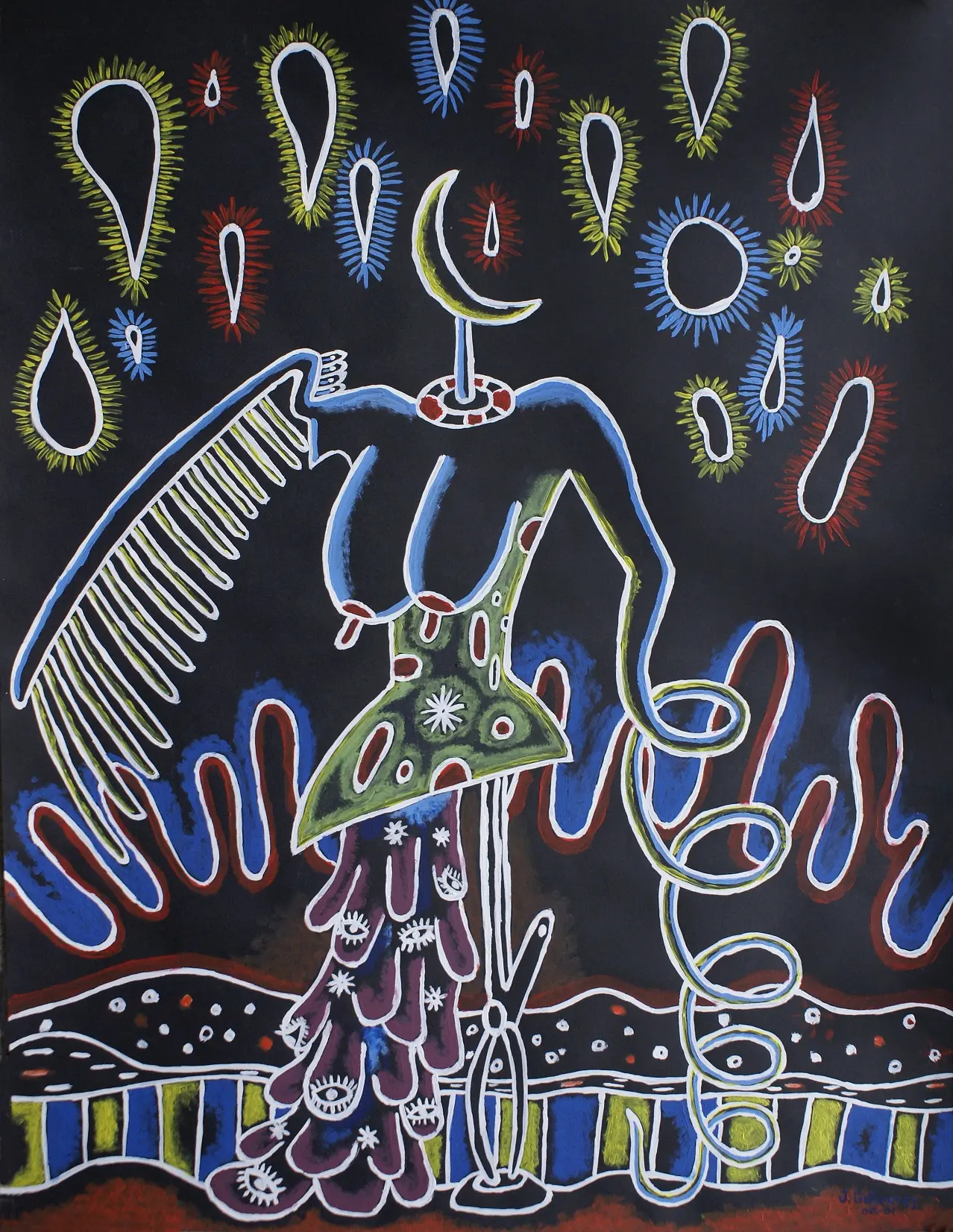 Expressive female figure outlined against a black ground