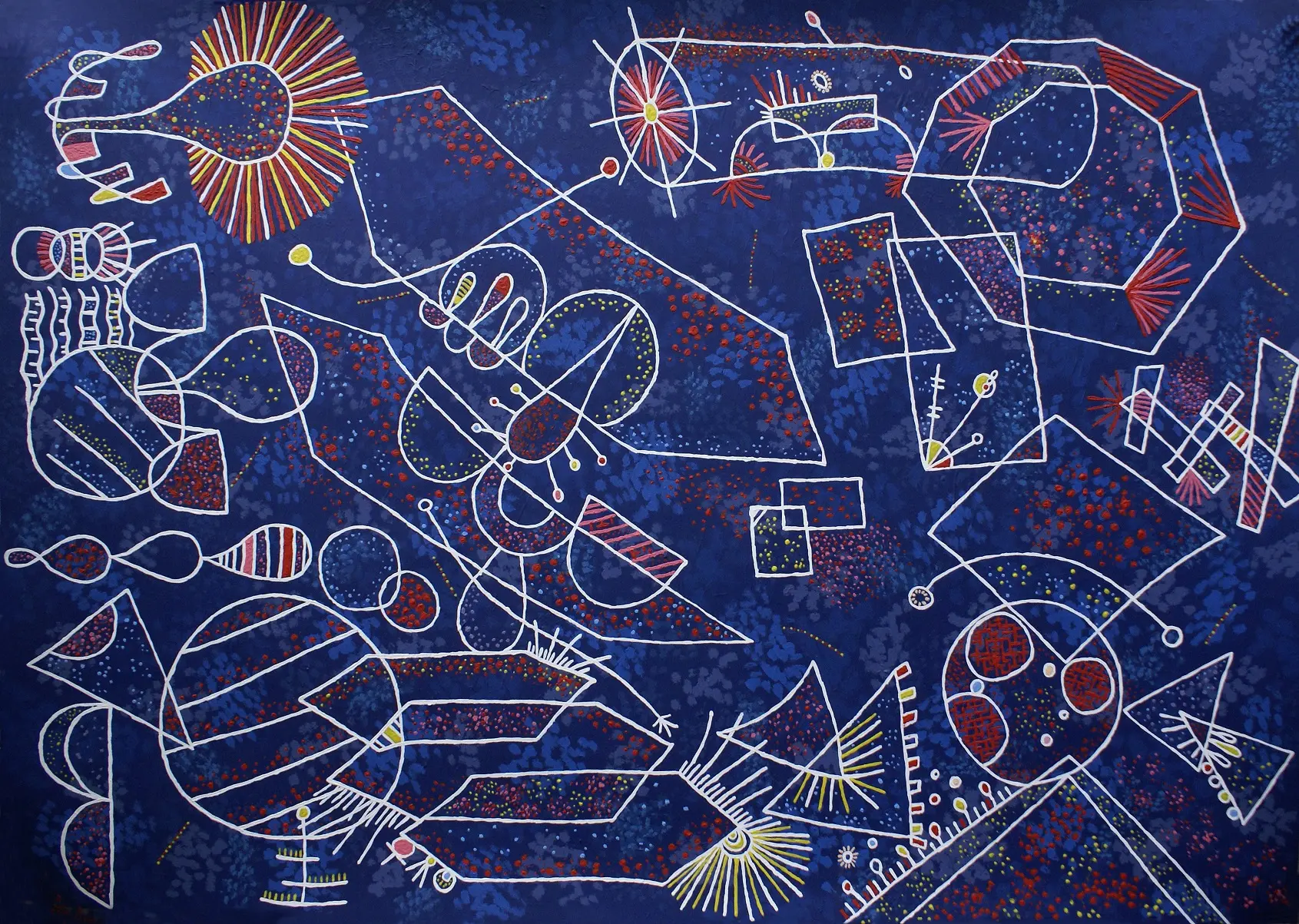 Imagined organisms drawn in light lines over a dark blue ground