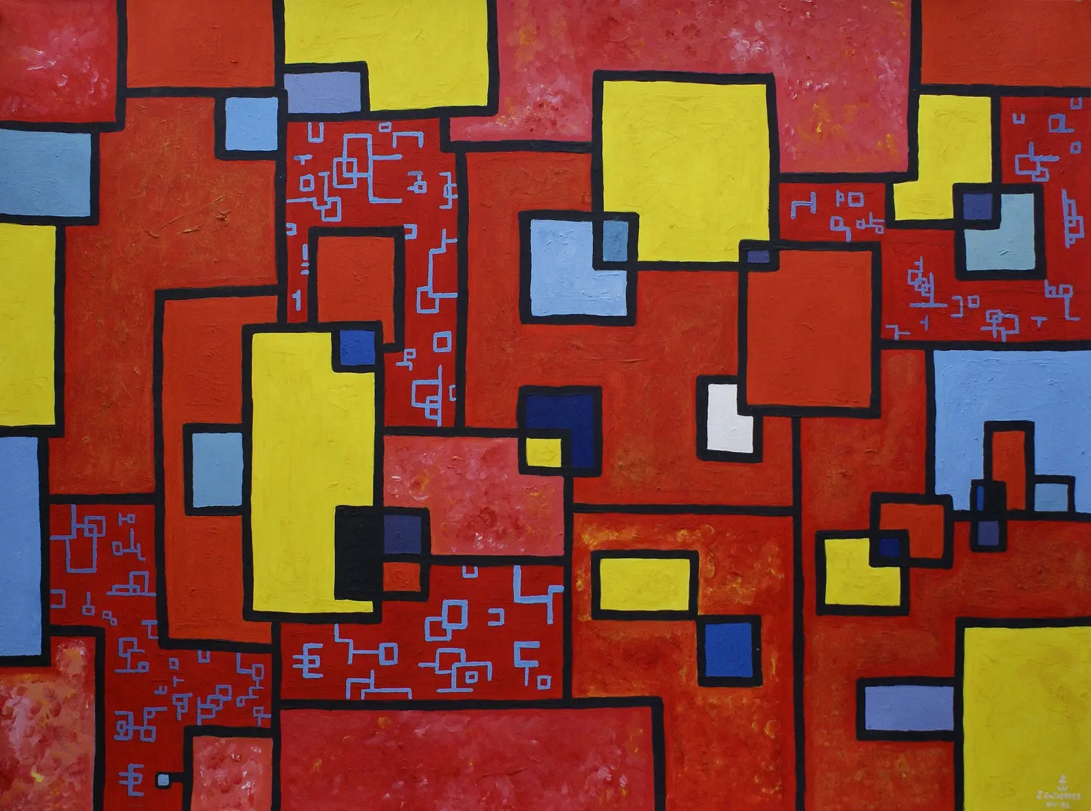 Abstract city of red, yellow and blue blocks outlined in black
